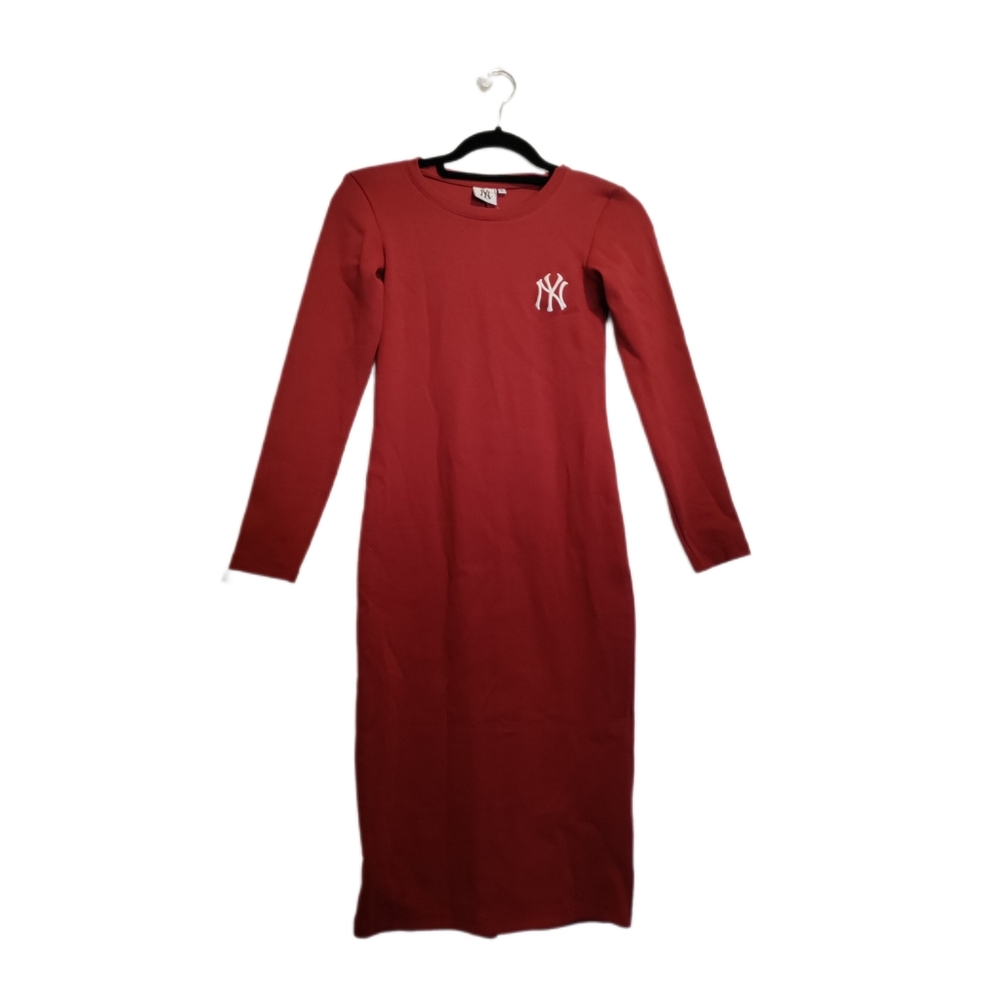 Long Sleeve Bodycon Burgundy Midi Dress with White Embroidered NY Logo